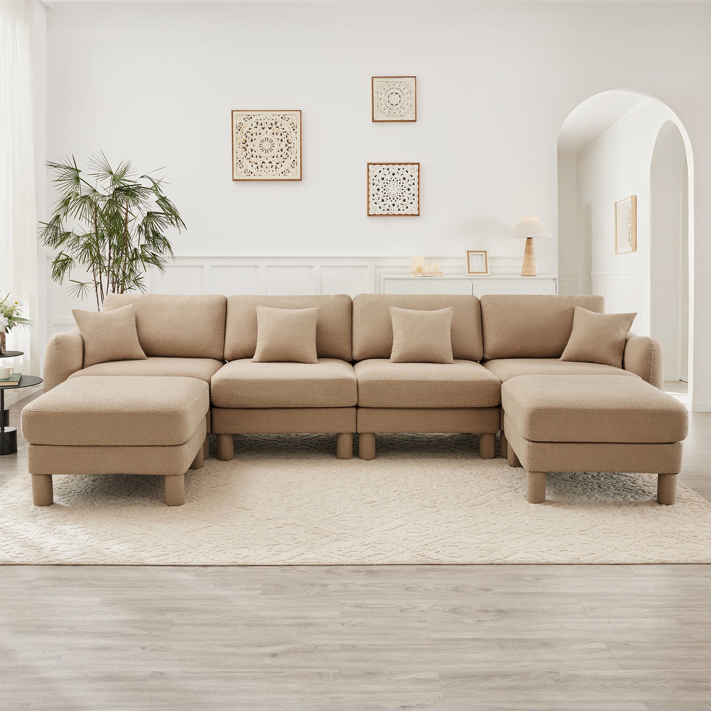 Boucle Fabric Sectional Sofa Couch With Distinctive Shell-shaped Armrests And Movable Ottomans,Cylindrical Legs Wrapped with Self-fabric