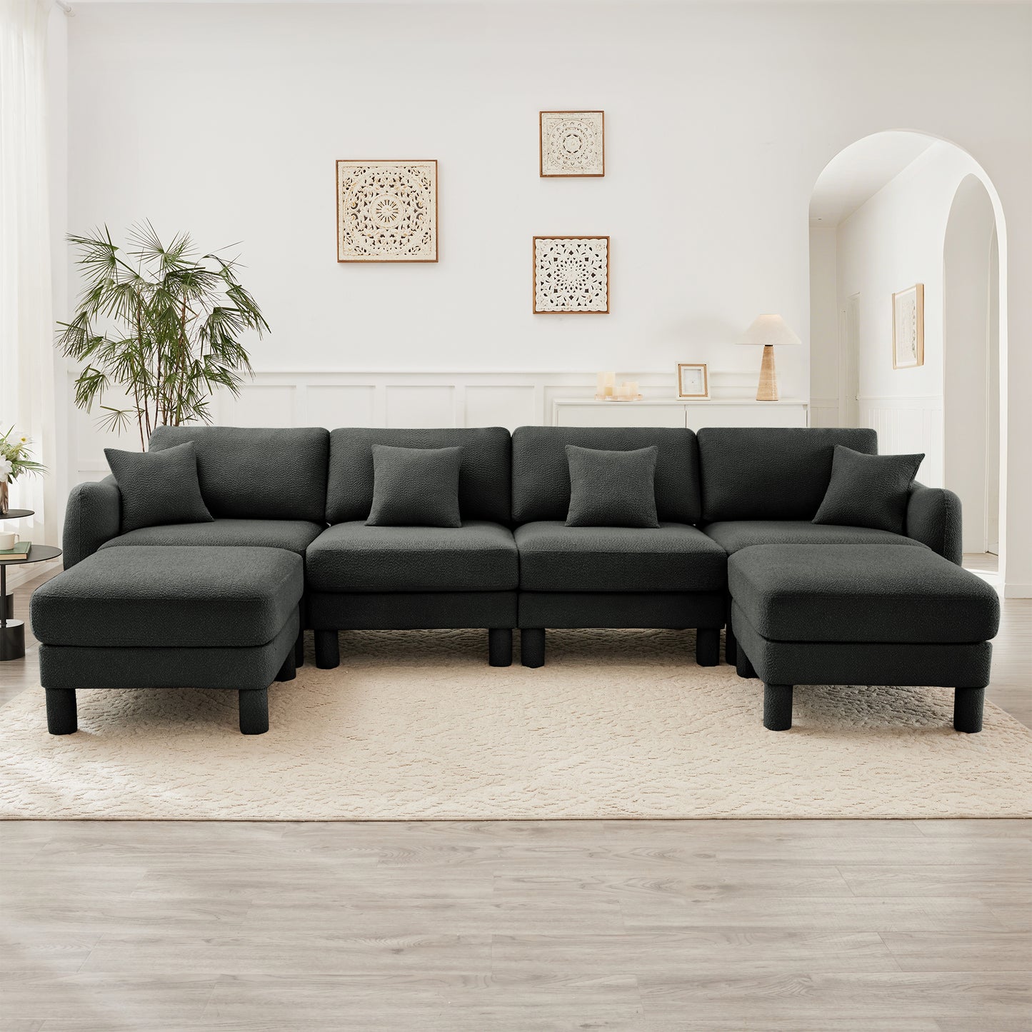 Boucle Fabric Sectional Sofa Couch With Distinctive Shell-shaped Armrests And Movable Ottomans,Cylindrical Legs Wrapped with Self-fabric