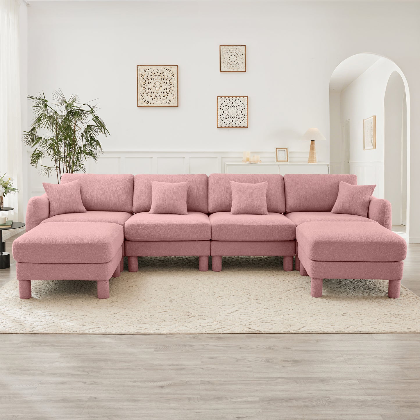 Boucle Fabric Sectional Sofa Couch With Distinctive Shell-shaped Armrests And Movable Ottomans,Cylindrical Legs Wrapped with Self-fabric
