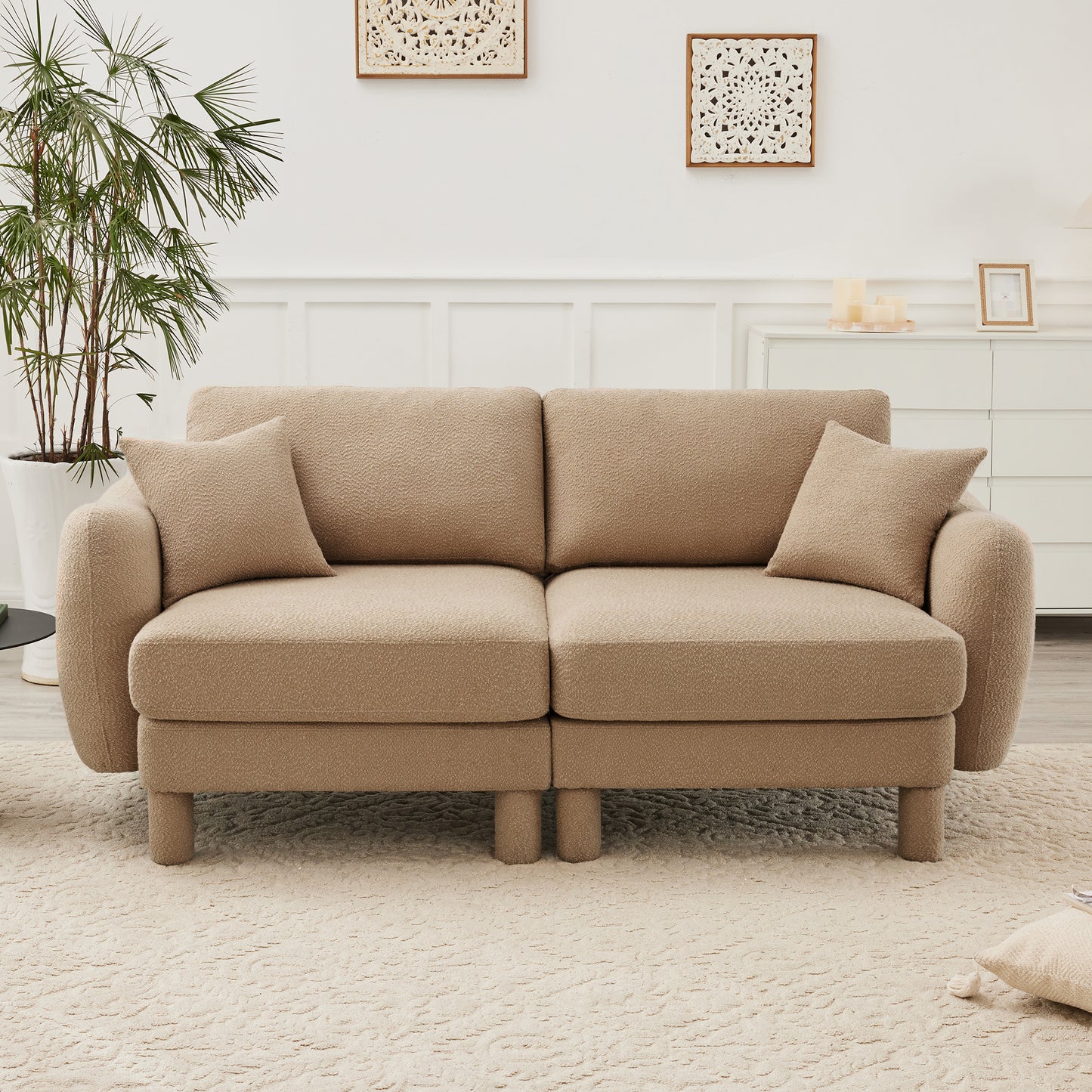 Boucle Fabric Sectional Sofa Couch With Distinctive Shell-shaped Armrests And Movable Ottomans,Cylindrical Legs Wrapped with Self-fabric