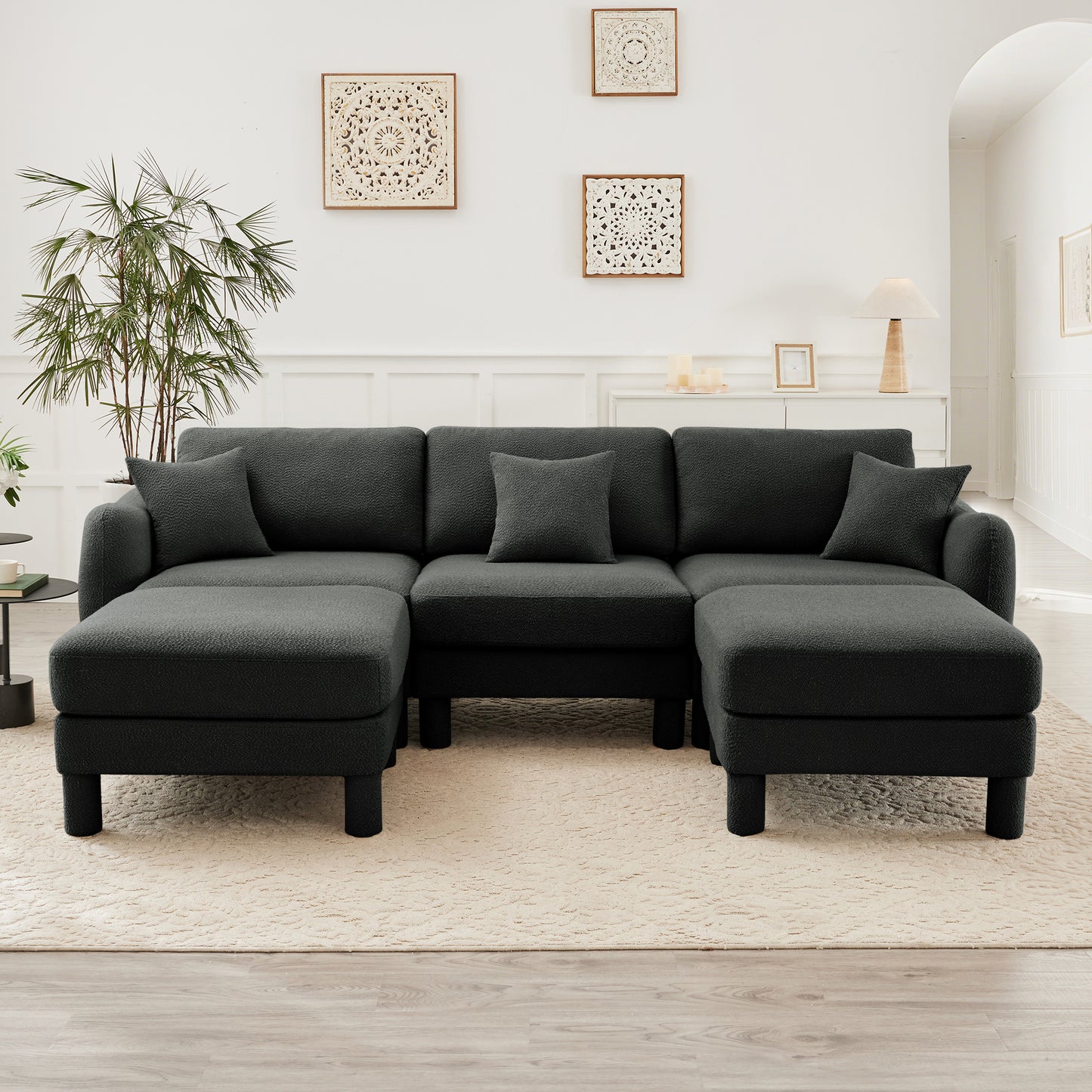 Boucle Fabric Sectional Sofa Couch With Distinctive Shell-shaped Armrests And Movable Ottomans,Cylindrical Legs Wrapped with Self-fabric