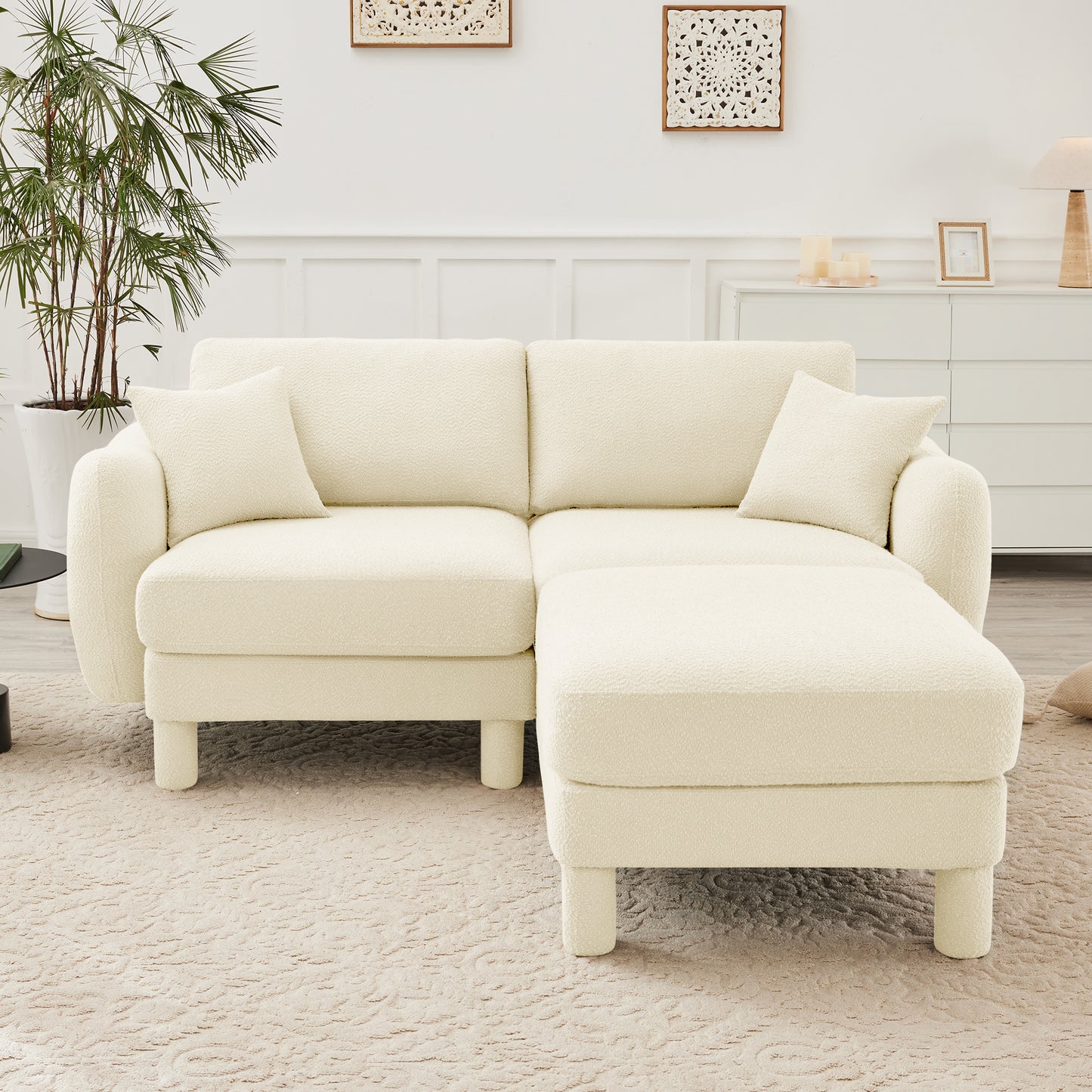 Boucle Fabric Sectional Sofa Couch With Distinctive Shell-shaped Armrests And Movable Ottomans,Cylindrical Legs Wrapped with Self-fabric