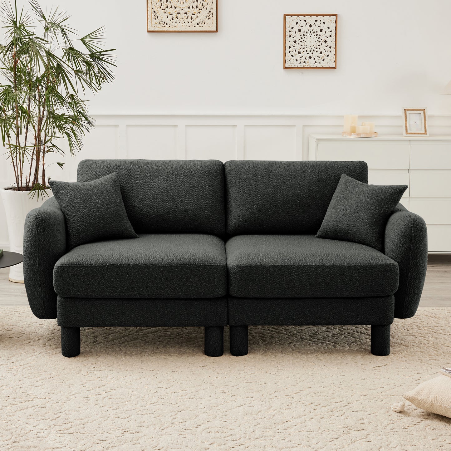 Boucle Fabric Sectional Sofa Couch With Distinctive Shell-shaped Armrests And Movable Ottomans,Cylindrical Legs Wrapped with Self-fabric