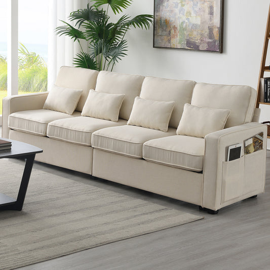 4-Seater Modern Linen Fabric Sofa with Armrest Pockets