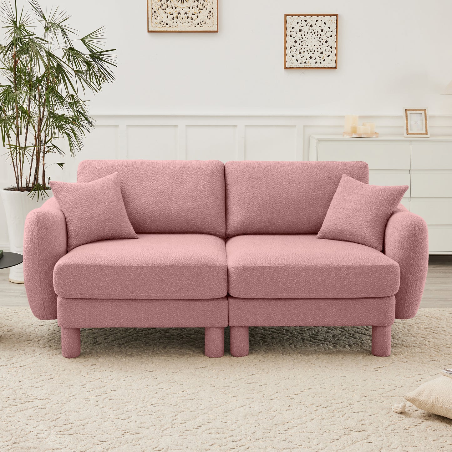 Boucle Fabric Sectional Sofa Couch With Distinctive Shell-shaped Armrests And Movable Ottomans,Cylindrical Legs Wrapped with Self-fabric