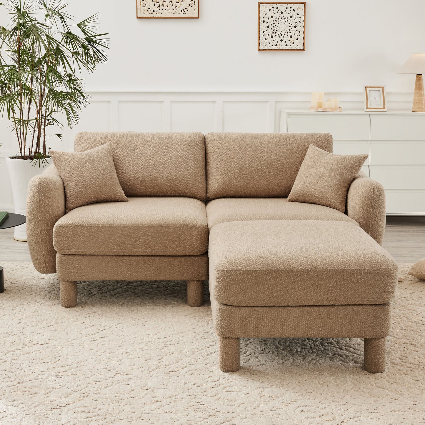 Boucle Fabric Sectional Sofa Couch With Distinctive Shell-shaped Armrests And Movable Ottomans,Cylindrical Legs Wrapped with Self-fabric