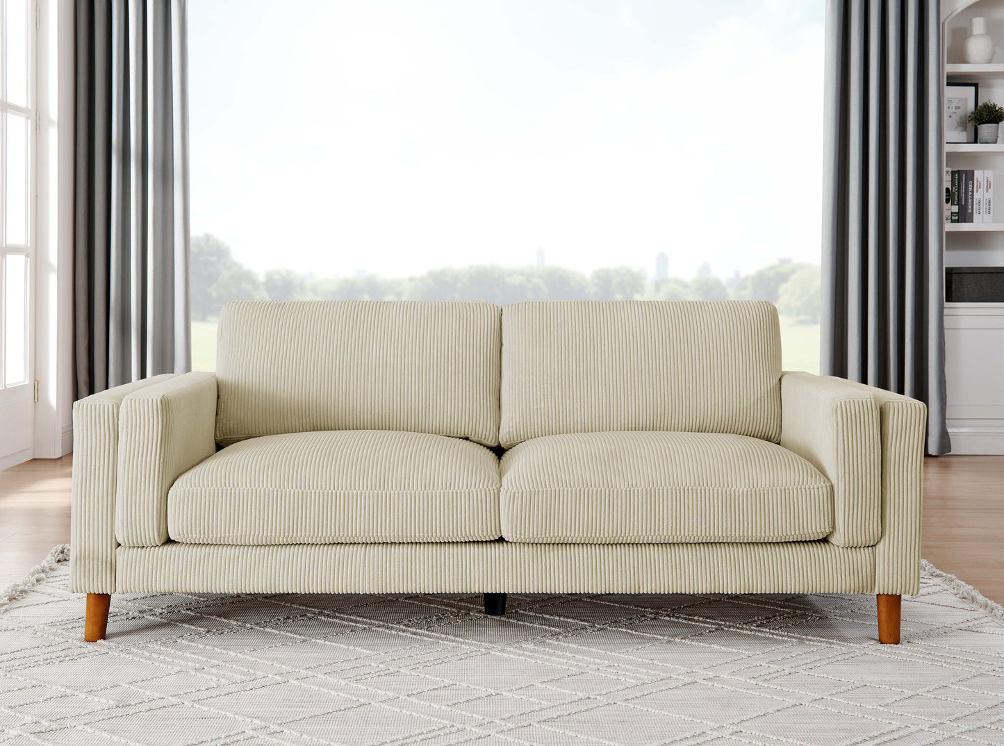 Corduroy Upholstered Square Arm Sofa with Wooden Legs