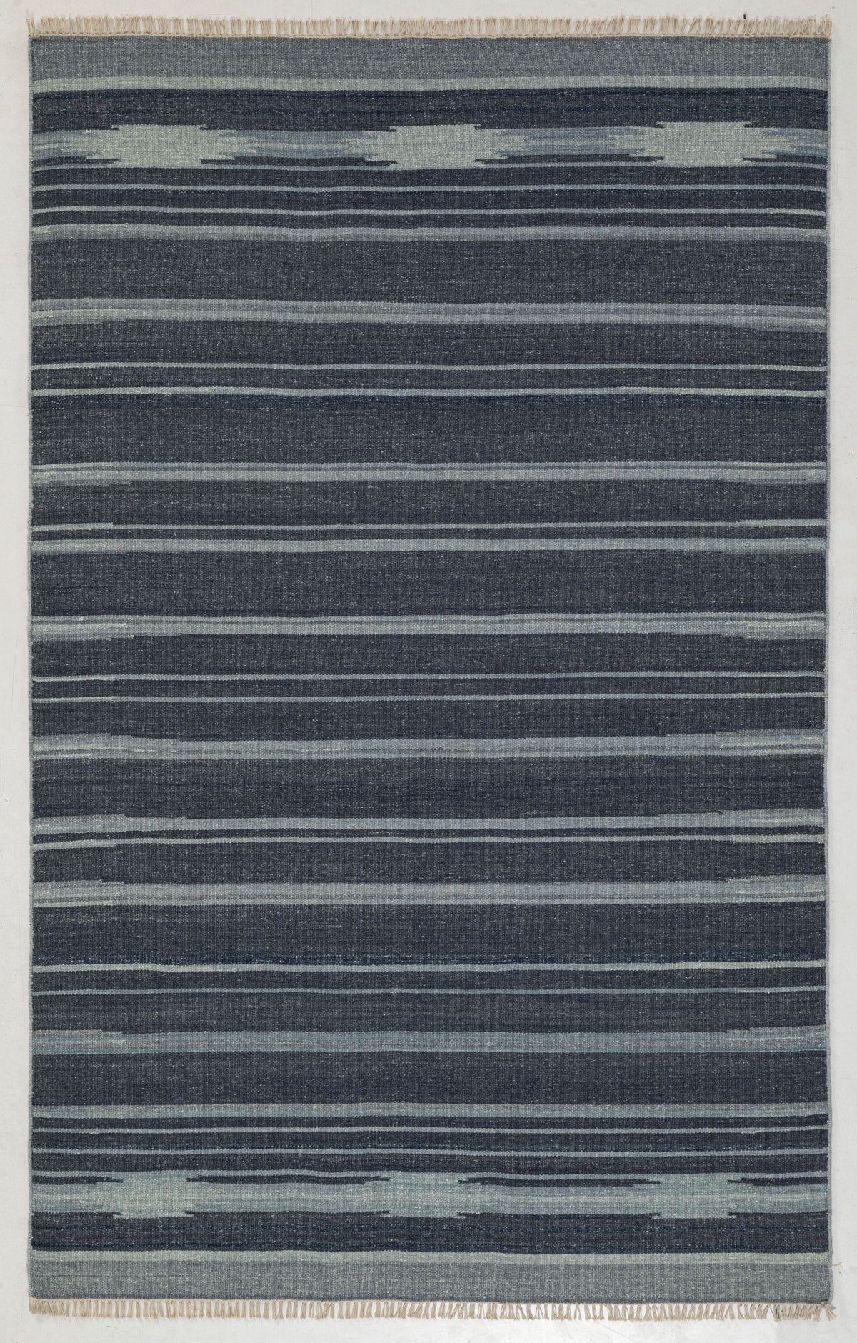 8x5 Navy Blue Striped Hand Woven Flatweave Wool Dhurrie