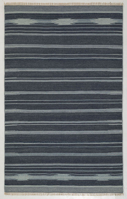 8x5 Navy Blue Striped Hand Woven Flatweave Wool Dhurrie