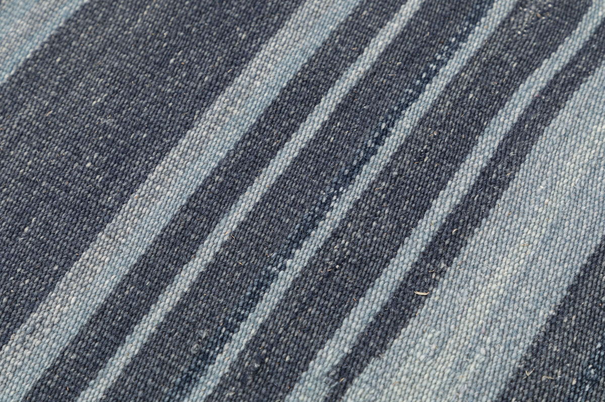 8x5 Navy Blue Striped Hand Woven Flatweave Wool Dhurrie