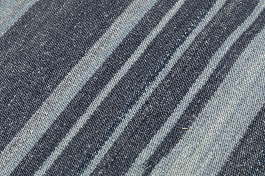 8x5 Navy Blue Striped Hand Woven Flatweave Wool Dhurrie