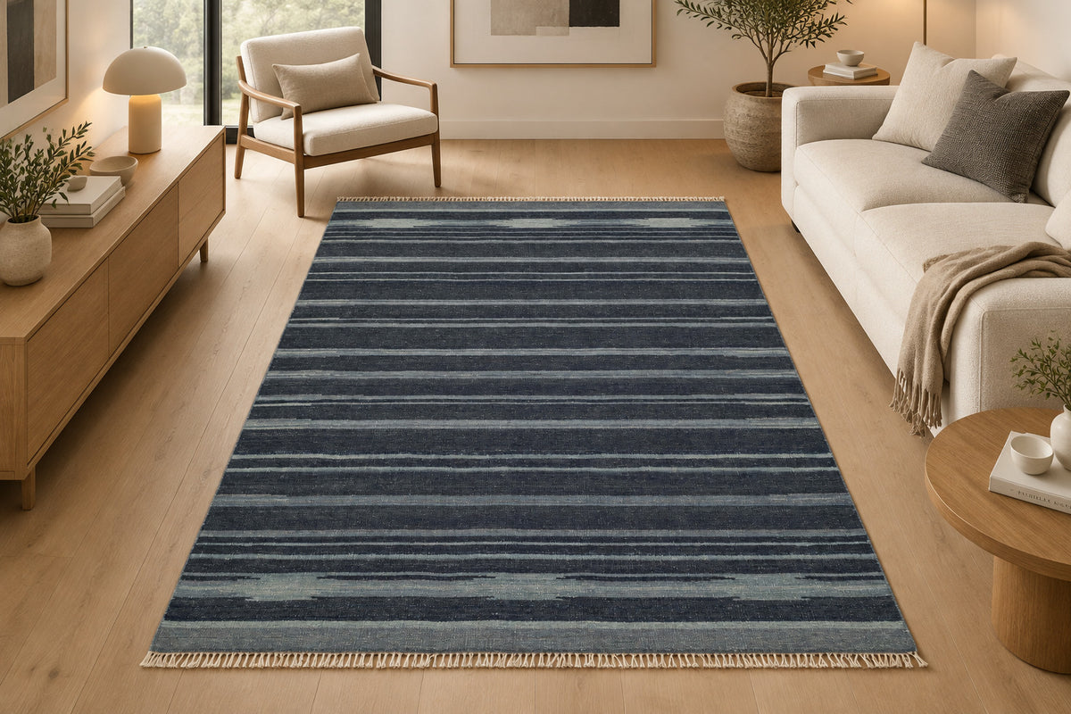8x5 Navy Blue Striped Hand Woven Flatweave Wool Dhurrie