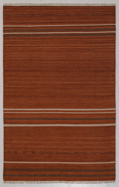 Terracotta brown Striped 5x8 Hand Woven Flatweave Wool Dhurrie