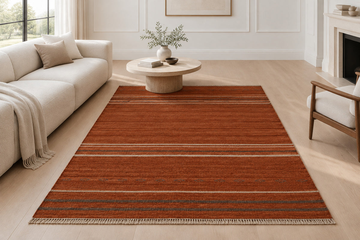 Terracotta brown Striped 5x8 Hand Woven Flatweave Wool Dhurrie