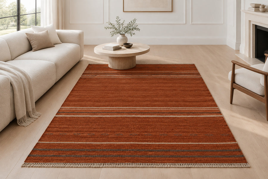 Terracotta brown Striped 5x8 Hand Woven Flatweave Wool Dhurrie