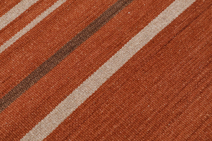 Terracotta brown Striped 5x8 Hand Woven Flatweave Wool Dhurrie