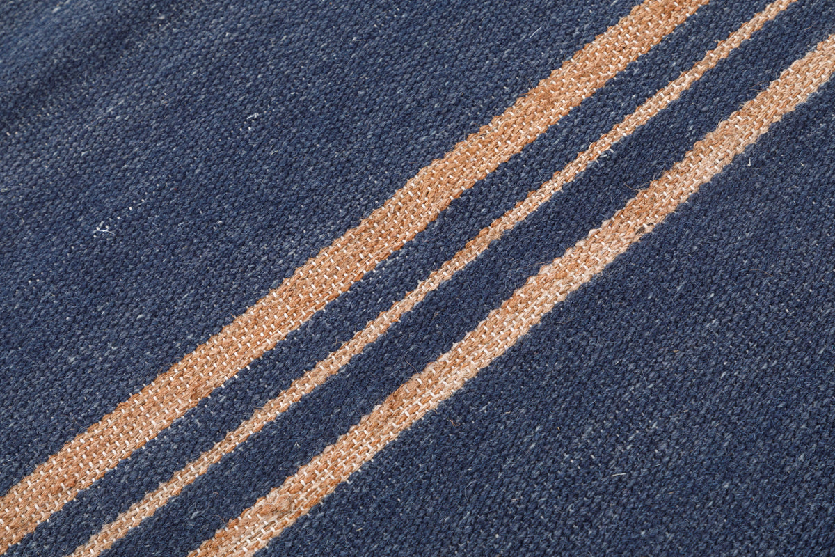 Aziza Blue Striped Hand Woven Flatweave Wool Dhurrie 8x5 panipat rugs