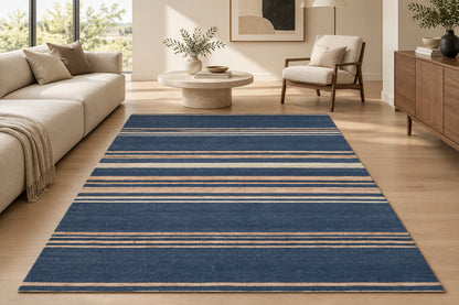 Aziza Blue Striped Hand Woven Flatweave Wool Dhurrie 8x5 panipat rugs