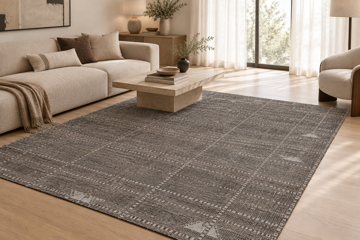 Charcoal & Beige Grid Hand Knotted Wool Area Rug 5x8 carpet