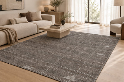 Charcoal & Beige Grid Hand Knotted Wool Area Rug 5x8 carpet