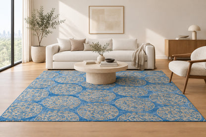 Blue & Beige Medallion Hand Knotted Wool Carpet 5x8