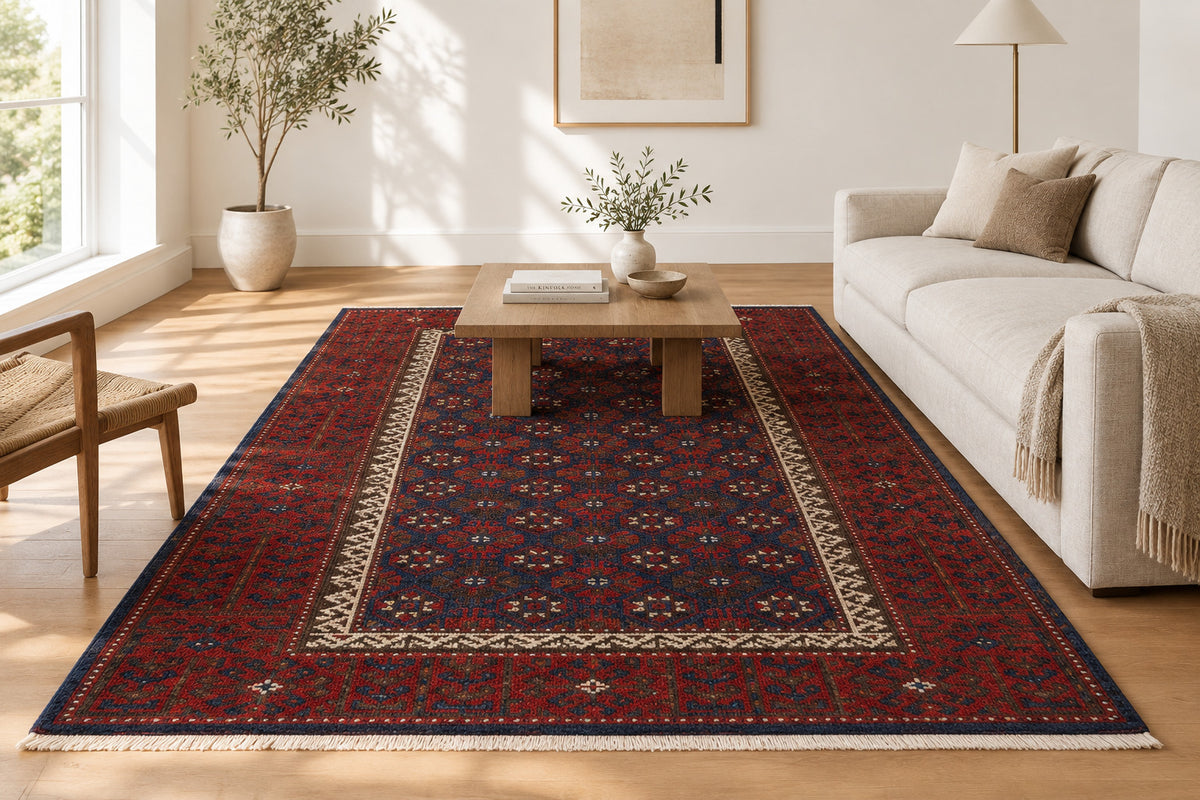 Crimson & Navy Oriental Hand Knotted Wool Area Rug 5x8 feet red