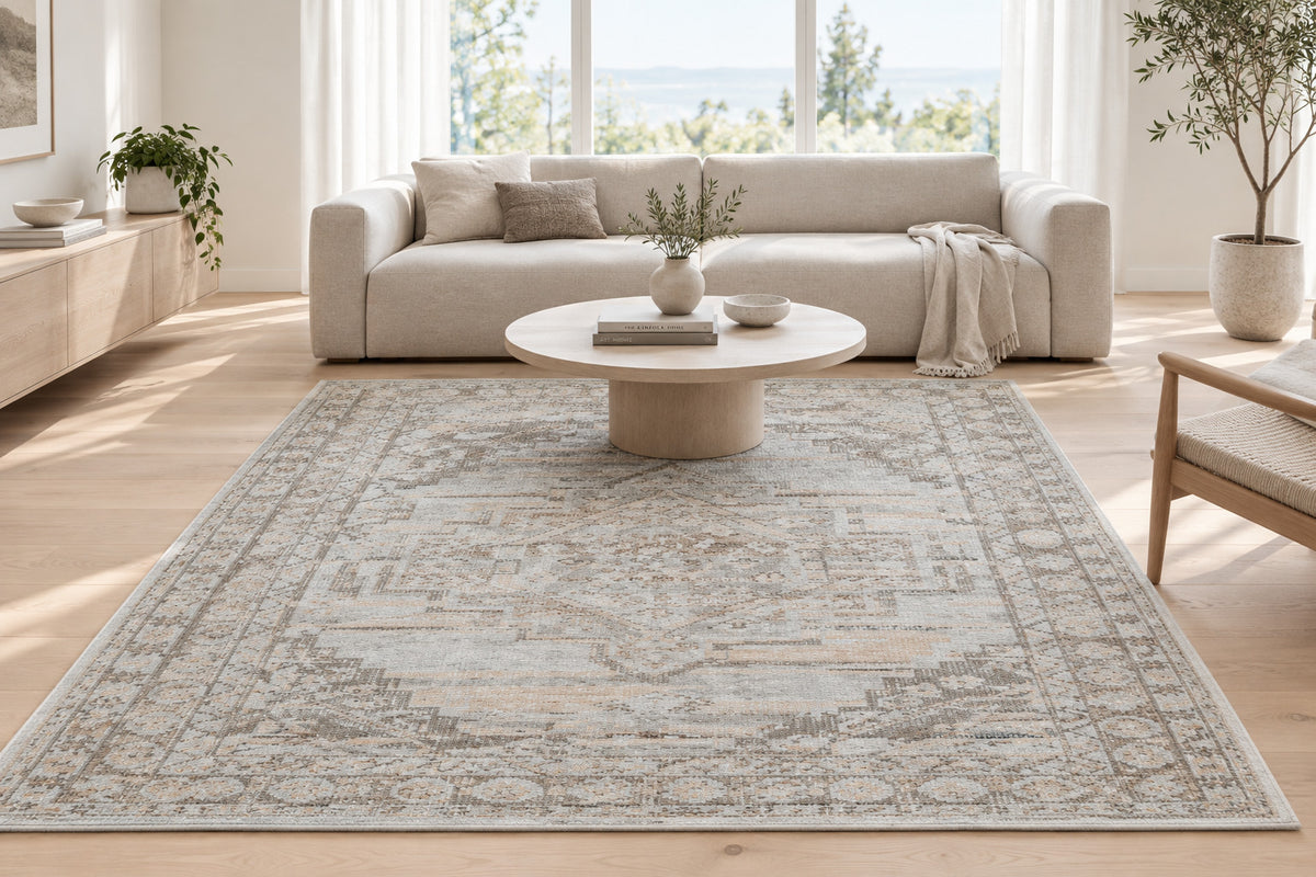 Soft Gray Geometric Medallion Hand Knotted Wool Area Rug 5x8