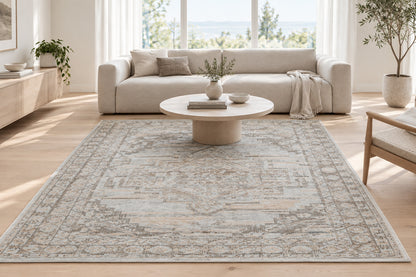 Soft Gray Geometric Medallion Hand Knotted Wool Area Rug 5x8