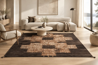 Geometric Ikkat Hand Knotted Wool Area Rug 6x9 brown beige
