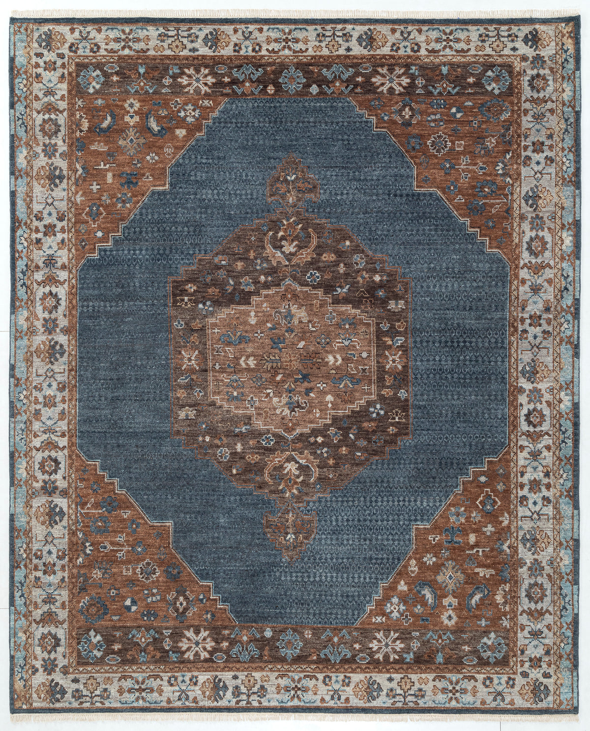 Slate Blue & Terracotta Large Medallion Traditional Carpet 8x10 rug