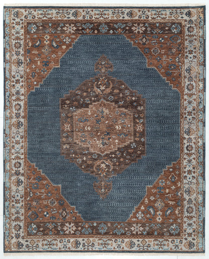 Slate Blue & Terracotta Large Medallion Traditional Carpet 8x10 rug