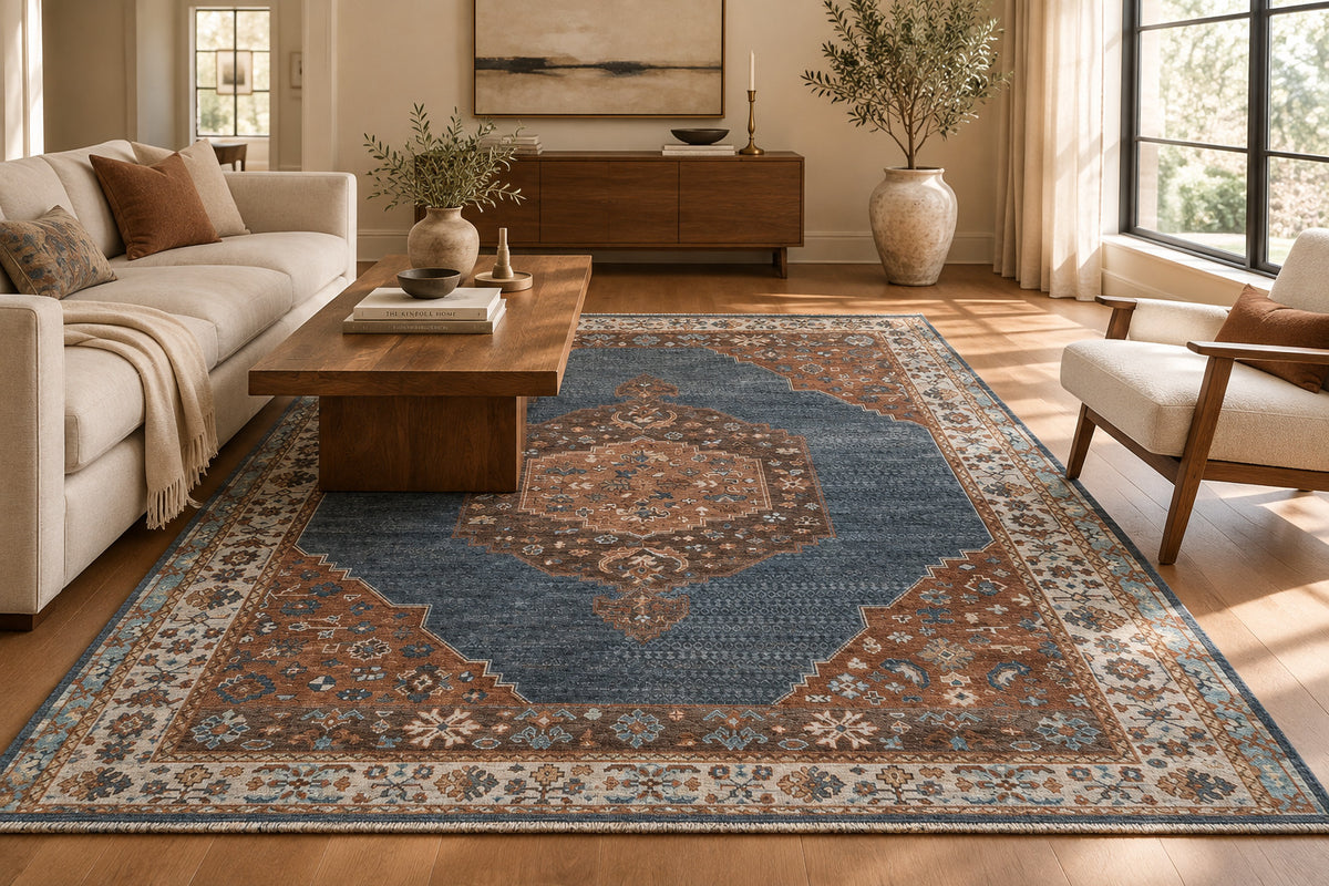 Slate Blue & Terracotta Large Medallion Traditional Carpet 8x10 rug