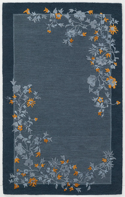 Floral Vine Hand Tufted Wool Area Rug 5x8 slate blue carpet