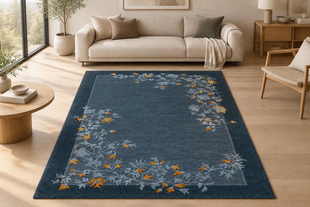 Floral Vine Hand Tufted Wool Area Rug 5x8 slate blue carpet