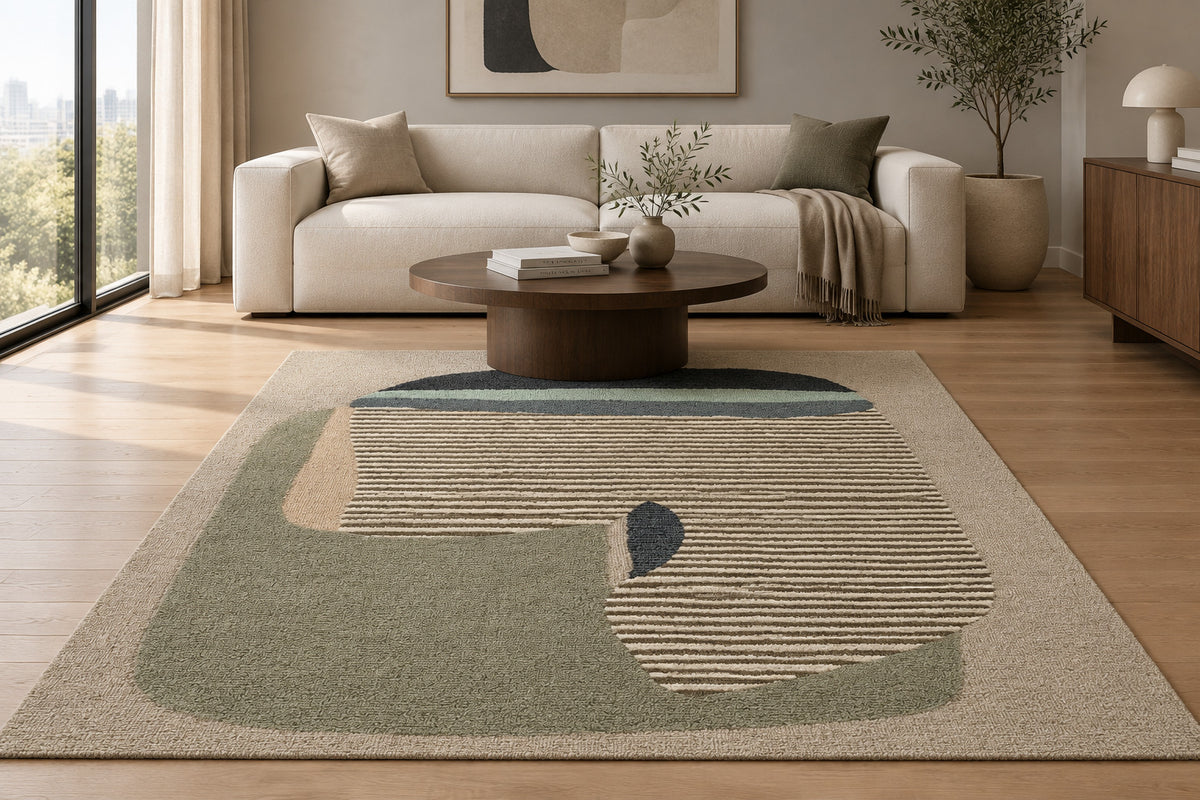 Modern Abstract Hand Tufted Wool Area Rug 5x8  PISTACHIO