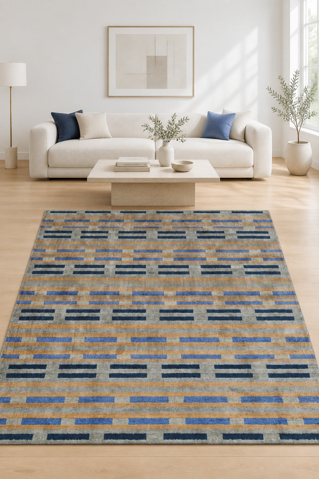 Grey Geometric Hand Knotted Wool Area Rug 5x8 Grey rug