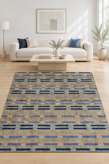 Grey Geometric Hand Knotted Wool Area Rug 5x8 Grey rug