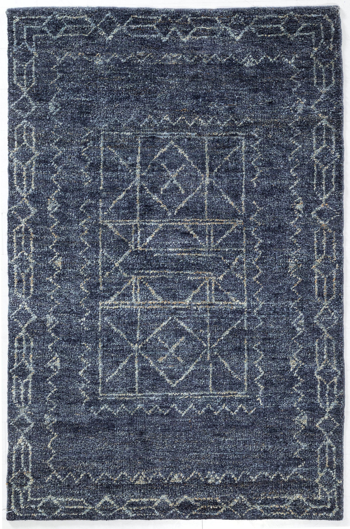Tribal Geometric Border Hand Knotted Jute Area Rug 5x8 navy