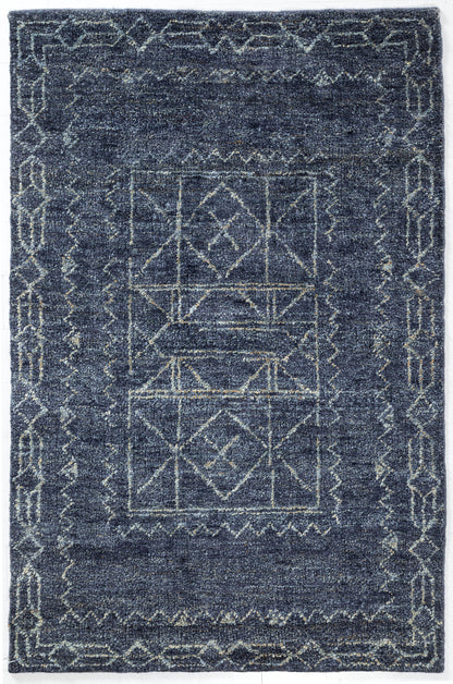 Tribal Geometric Border Hand Knotted Jute Area Rug 5x8 navy