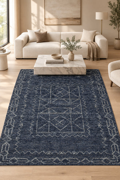 Tribal Geometric Border Hand Knotted Jute Area Rug 5x8 navy