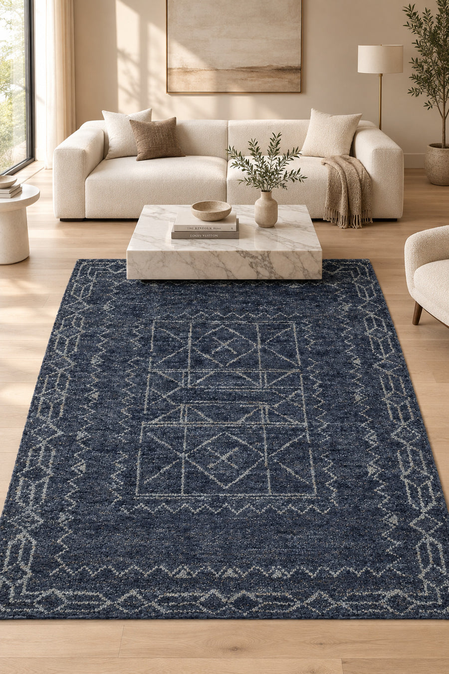 Tribal Geometric Border Hand Knotted Jute Area Rug 5x8 navy