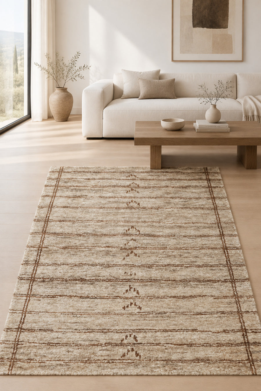 Linear Grid Hand Knotted Pure Jute Area Rug 5x8 taupe