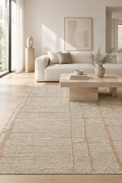 Rerra Abstract Hand Knotted Wool Area Rug 5x8 beige carpet