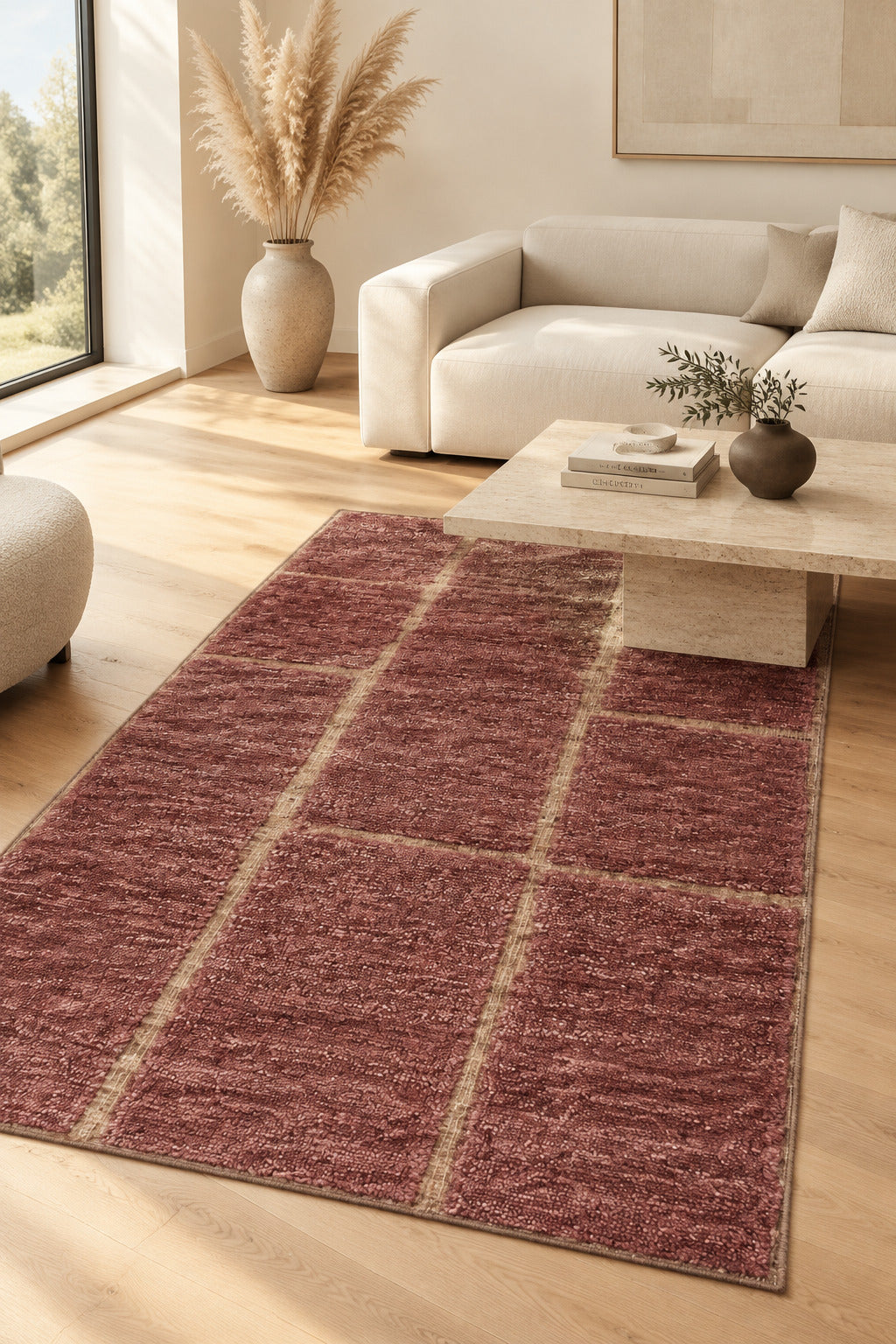 Ruby Abstract Ginger Block Hand Knotted Rug bean paste red 3x5 carpet