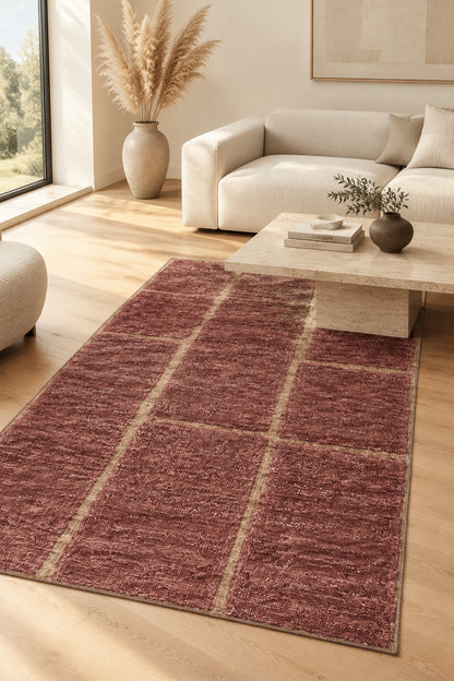 Ruby Abstract Ginger Block Hand Knotted Rug bean paste red 3x5 carpet
