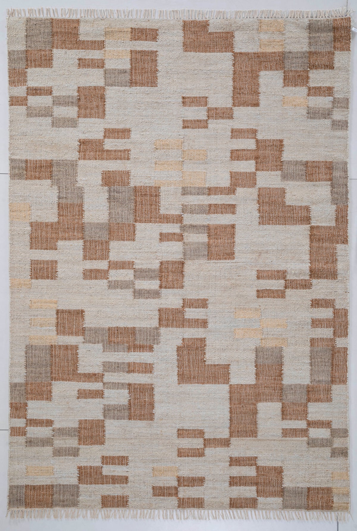 Modern Pixel Hand Woven Wool Flatweave Dhurrie  Terracotta
