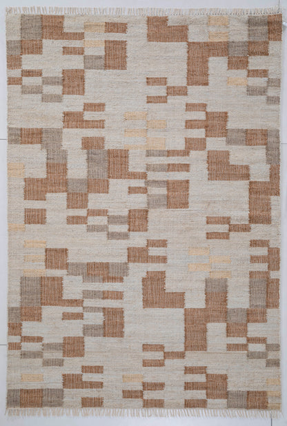 Modern Pixel Hand Woven Wool Flatweave Dhurrie  Terracotta