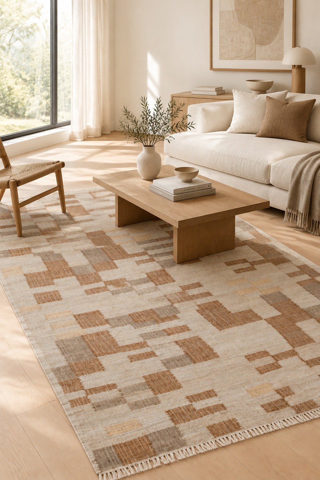 Modern Pixel Hand Woven Wool Flatweave Dhurrie  Terracotta