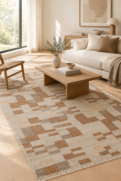 Modern Pixel Hand Woven Wool Flatweave Dhurrie  Terracotta