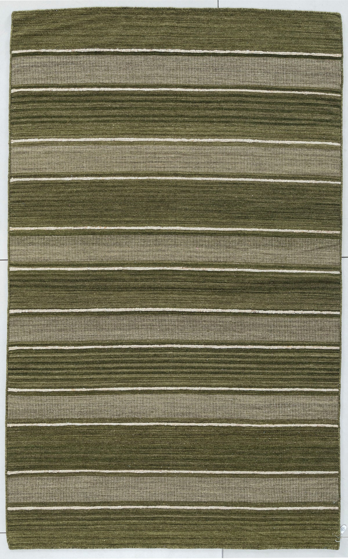 Horizontal Stripe Hand Woven Wool Flatweave Dhurrie 5x8 olive green rug